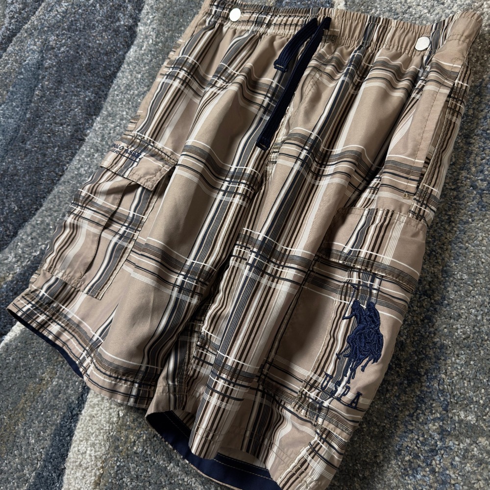 U.S. Polo Assn. Swim Trunks Mens L Tan Plaid Cargo Board Shorts Summer‎ Beach